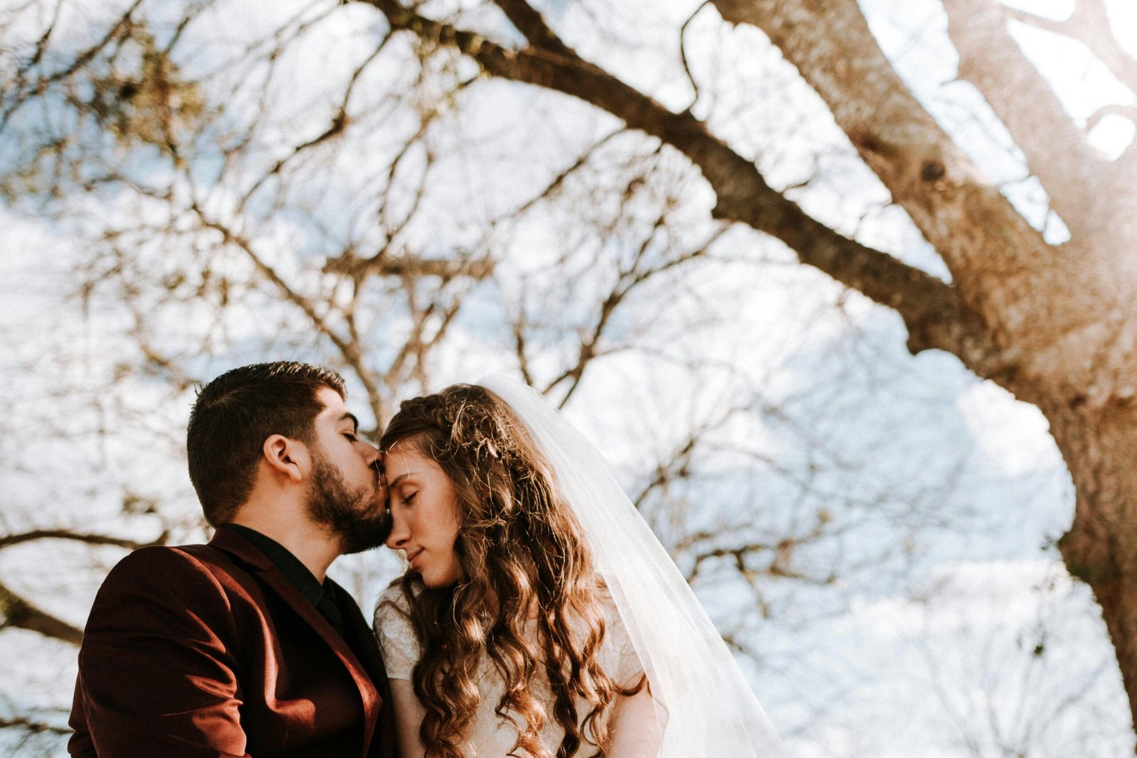 man kissing woman on forehead near bare tree during daytime